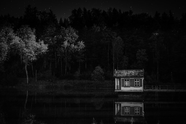 Hermosa foto de una pequeña casa sobre el agua con árboles en el fondo en blanco y negro