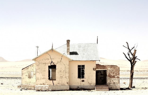 Hermosa foto de una vieja casa abandonada en medio de un desierto cerca de un árbol sin hojas