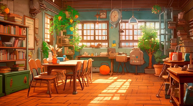 Hermosa ilustración de un salón de clases con mesas y plantas.