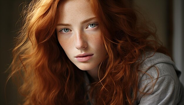 Una hermosa joven de cabello castaño y cabello rizado generado por inteligencia artificial.