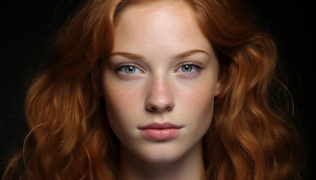 Una hermosa joven de cabello castaño y ojos verdes generada por inteligencia artificial.