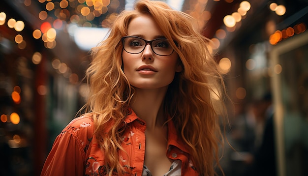 Una hermosa joven con cabello largo y rubio y gafas de sol generadas por inteligencia artificial