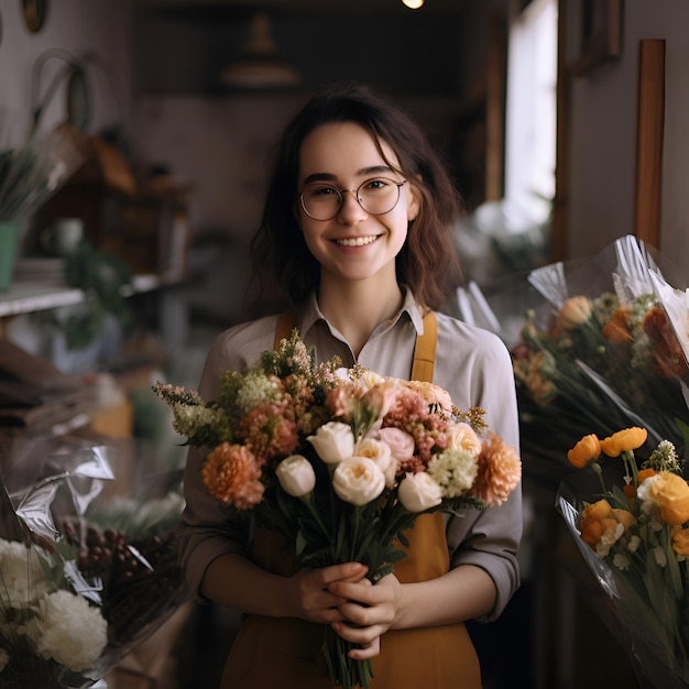 Foto gratuita hermosa joven florista con delantal y gafas con un ramo de flores