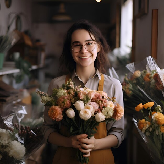 Hermosa joven florista con delantal y gafas con un ramo de flores