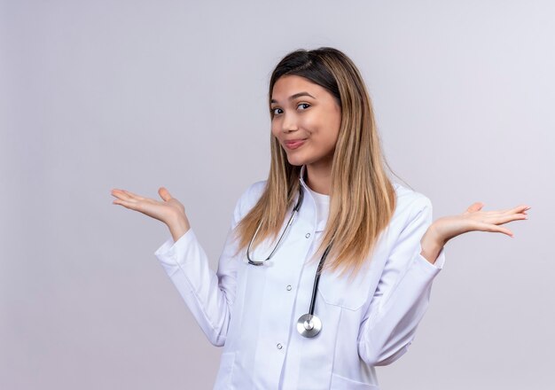 Hermosa joven médico vistiendo bata blanca con estetoscopio mirando confundido sonriendo encogiéndose de hombros