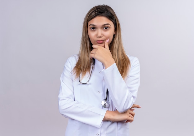 Hermosa joven médico vistiendo bata blanca con estetoscopio mirando disgustado con la mano en la barbilla esperando