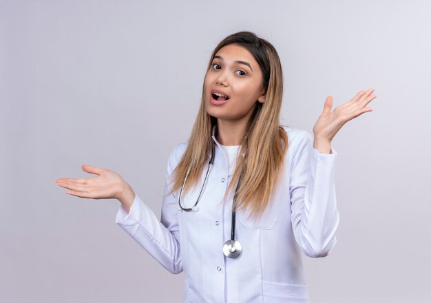 Hermosa joven médico vistiendo bata blanca con estetoscopio mirando incierto y confundido extendiendo las palmas con dudas