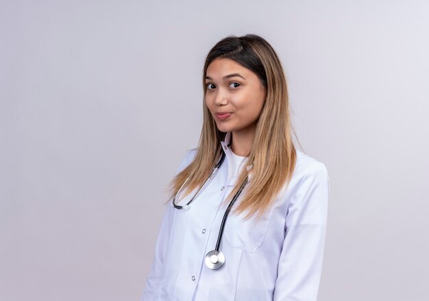 Hermosa joven médico vistiendo bata blanca con estetoscopio mirando con sonrisa de confianza en la cara