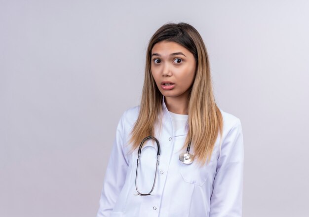 Hermosa joven médico vistiendo bata blanca con estetoscopio mirando sorprendido y preocupado