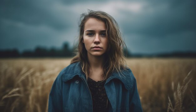 Hermosa joven parada en un prado rural generado por IA