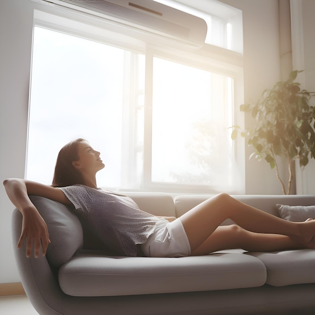 Foto gratuita hermosa joven relajándose en el sofá en casa mirando por la ventana