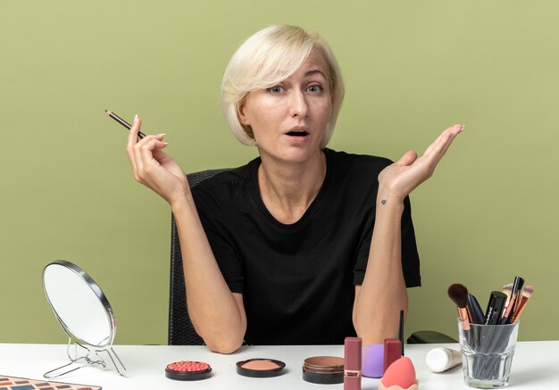 Hermosa joven sorprendida se sienta a la mesa con herramientas de maquillaje con delineador de ojos aislado sobre fondo verde oliva