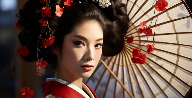 Hermosa joven con vestimenta tradicional japonesa de geisha generada por la IA