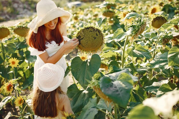 Hermosa y linda familia en un campo con girasoles