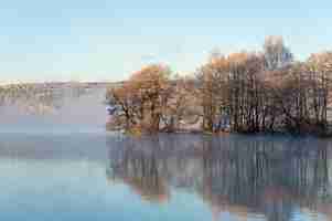 Foto gratuita hermosa mañana brumosa al amanecer, amanecer, en un lago.