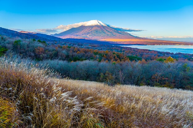 Hermosa montaña fuji en el lago yamanakako o yamanaka