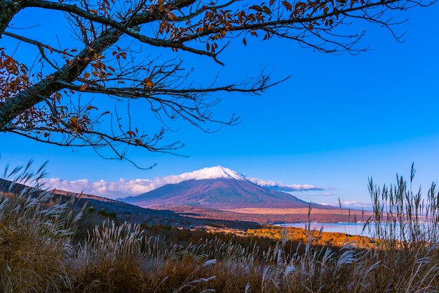 Hermosa montaña fuji en el lago yamanakako o yamanaka