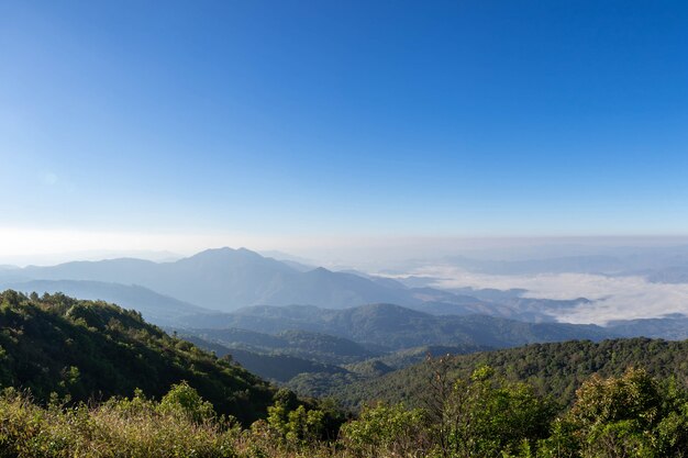 Hermosa montaña panorámica y niebla sobre fondo de cielo azul, en el norte de Tailandia Inthanon National Park, provincia de Chiang Mai, panorama paisaje Tailandia
