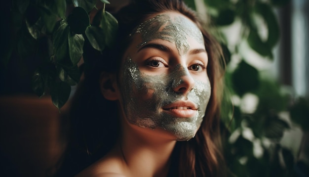 Foto gratuita hermosa mujer aplicando mascarilla facial para relajación generada por ia