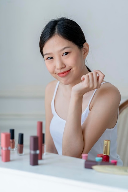 Hermosa mujer asiática camiseta blanca sonrisa con felicidad mano sostenga rubor y artículos cosméticos de maquillaje en el dormitorio con concepto de cuidado de la piel de cara saludable