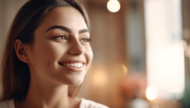 Hermosa mujer con cabello castaño sonriendo felizmente generada por AI