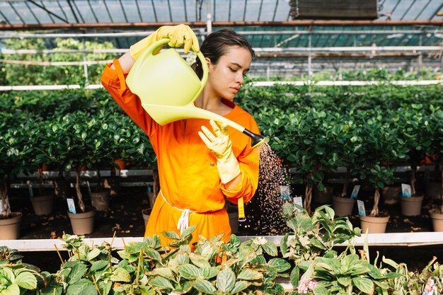 Hermosa mujer cuidando plantas en invernadero