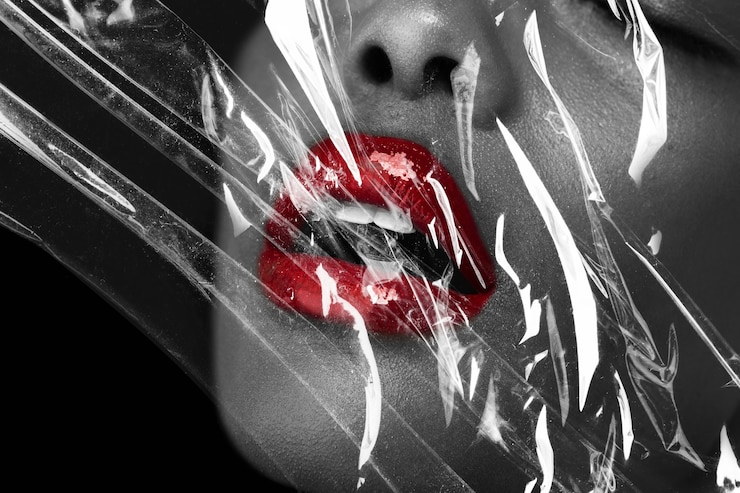 Foto gratuito hermosa mujer detrás de un papel tapiz de envoltura de plástico