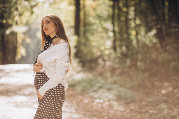 Hermosa mujer embarazada en un parque de otoño