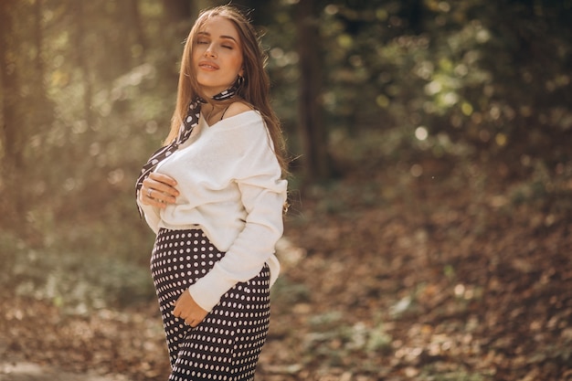 Hermosa mujer embarazada en un parque de otoño