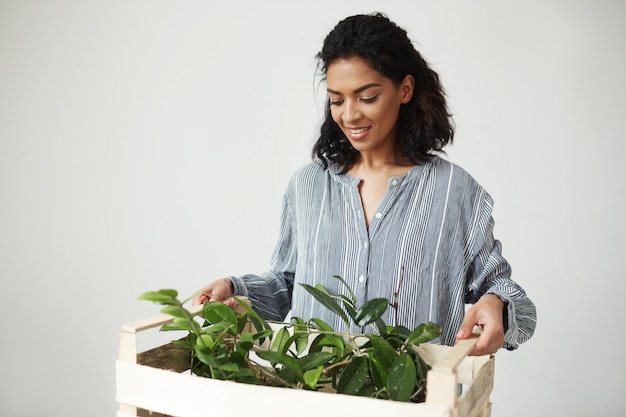 Hermosa mujer florista con caja de madera con plantas sobre pared blanca