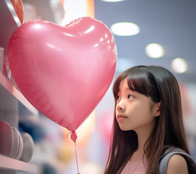 Hermosa mujer con globo en forma de corazón