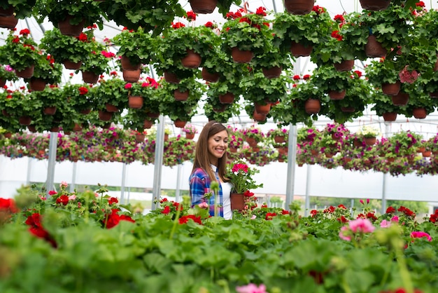 Hermosa mujer hermosa floristería con gran sonrisa caminando por el colorido jardín de flores sosteniendo plantas en macetas
