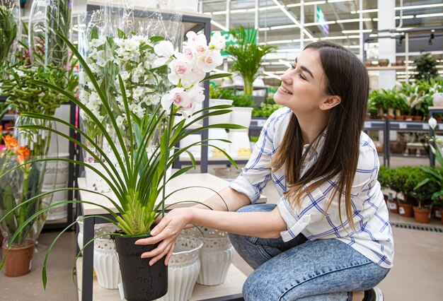 Hermosa mujer joven en una florería y elegir flores. El concepto de jardinería y flores.