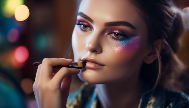 Foto gratuita hermosa mujer joven con maquillaje de escenario colorido generado por ia