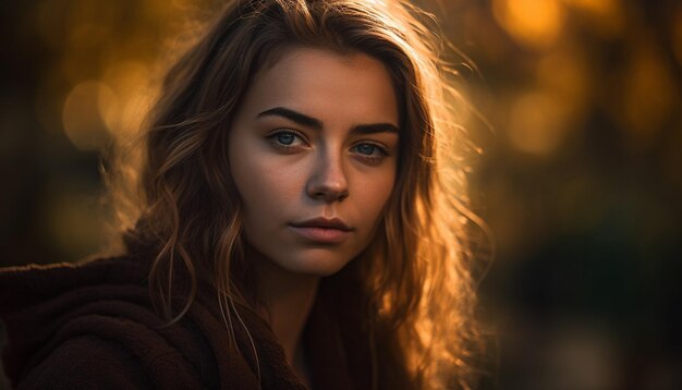 Hermosa mujer joven en la naturaleza sonriendo con confianza generada por AI