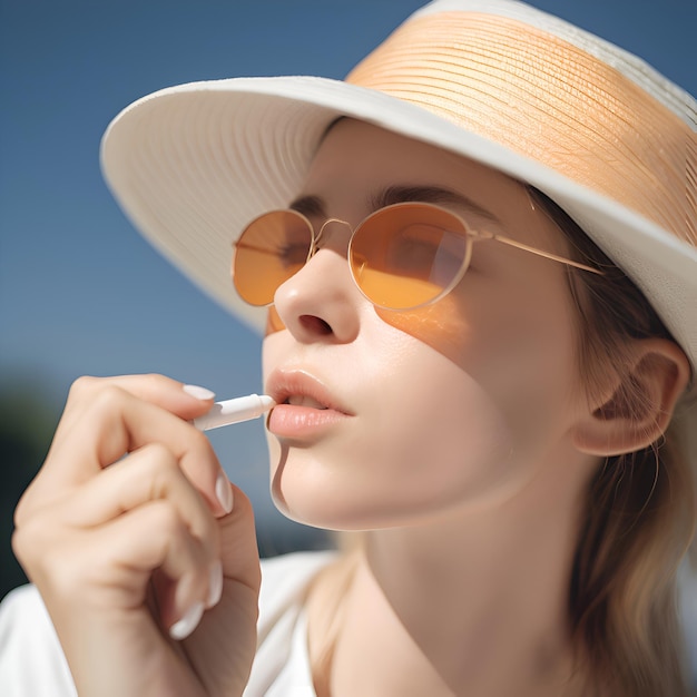 Foto gratuita hermosa mujer joven con sombrero y gafas de sol fumando un cigarrillo en un día de verano