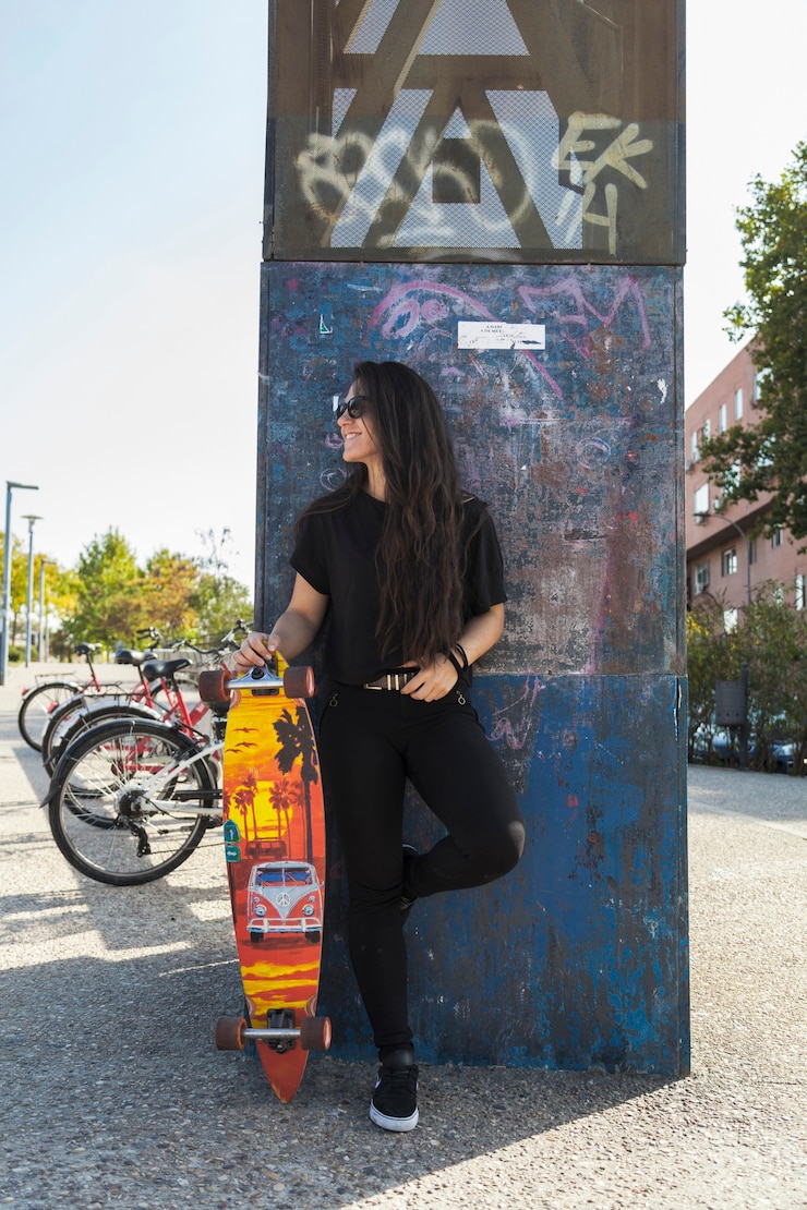 Foto gratuito hermosa mujer con longboard