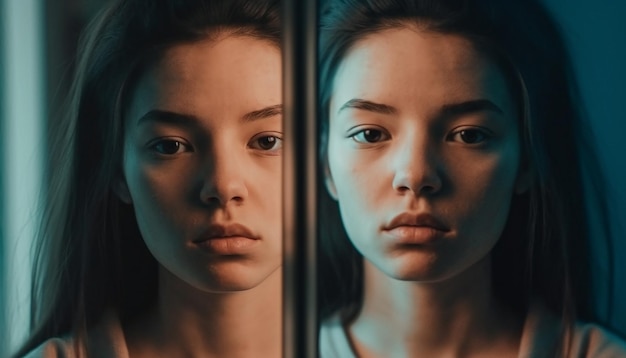 Hermosa mujer mirando por la ventana con confianza generada por IA