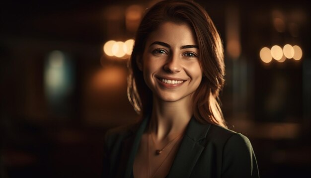 Hermosa mujer de negocios con una gran sonrisa en la oficina generada por IA