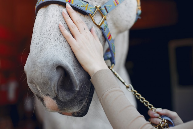 Hermosa mujer de pie con un caballo