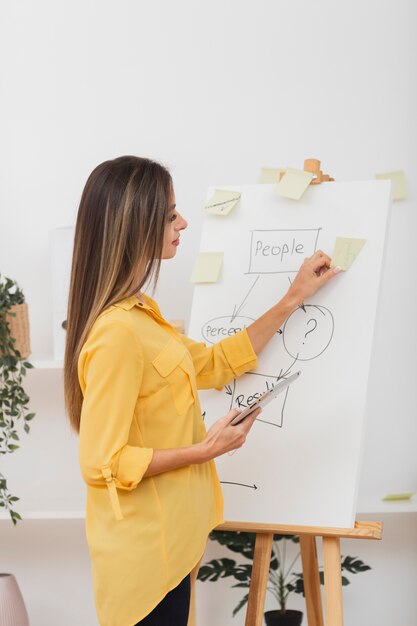 Hermosa mujer poniendo notas adhesivas