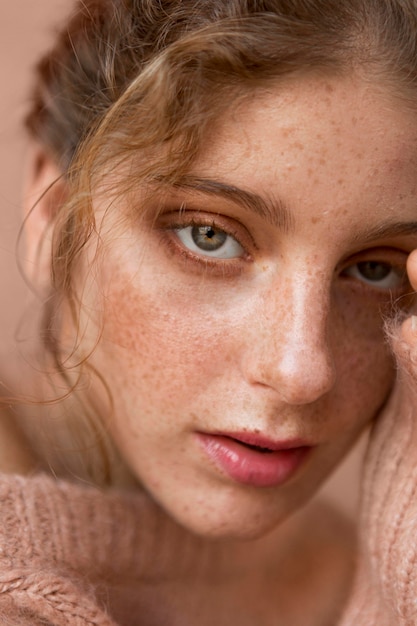 Hermosa mujer con primer plano de suéter rosa