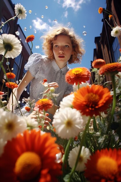 Hermosa mujer rodeada de flores