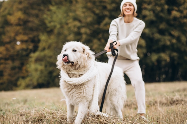 Hermosa mujer saliendo de su perro en un campo