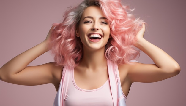 Foto gratuita una hermosa mujer sonriendo disfrutando del verano en un fondo rosado generado por inteligencia artificial