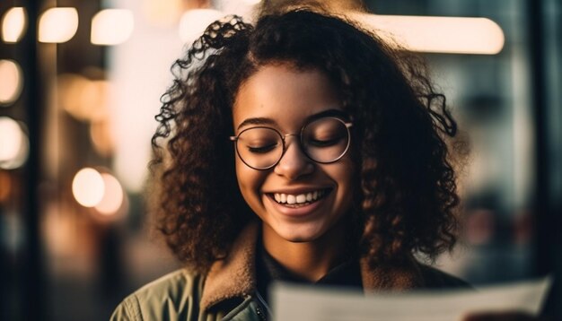 Hermosa mujer sonriendo mirando a la cámara al aire libre generada por AI