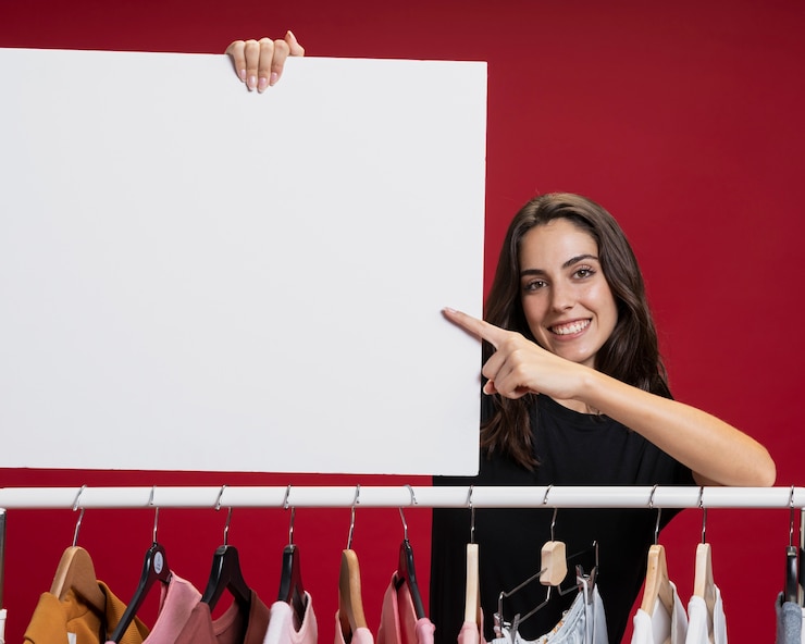 Foto gratuito hermosa mujer sosteniendo una maqueta de banner