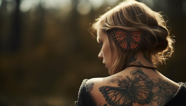 Foto gratuita una hermosa mujer con tatuaje en la naturaleza generada por ia