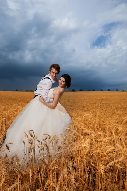 Hermosa novia y novio en campo de trigo. Felicidad y matrimonio