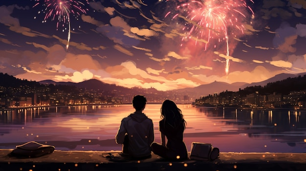 Foto gratuita hermosa pareja de anime en la víspera de año nuevo